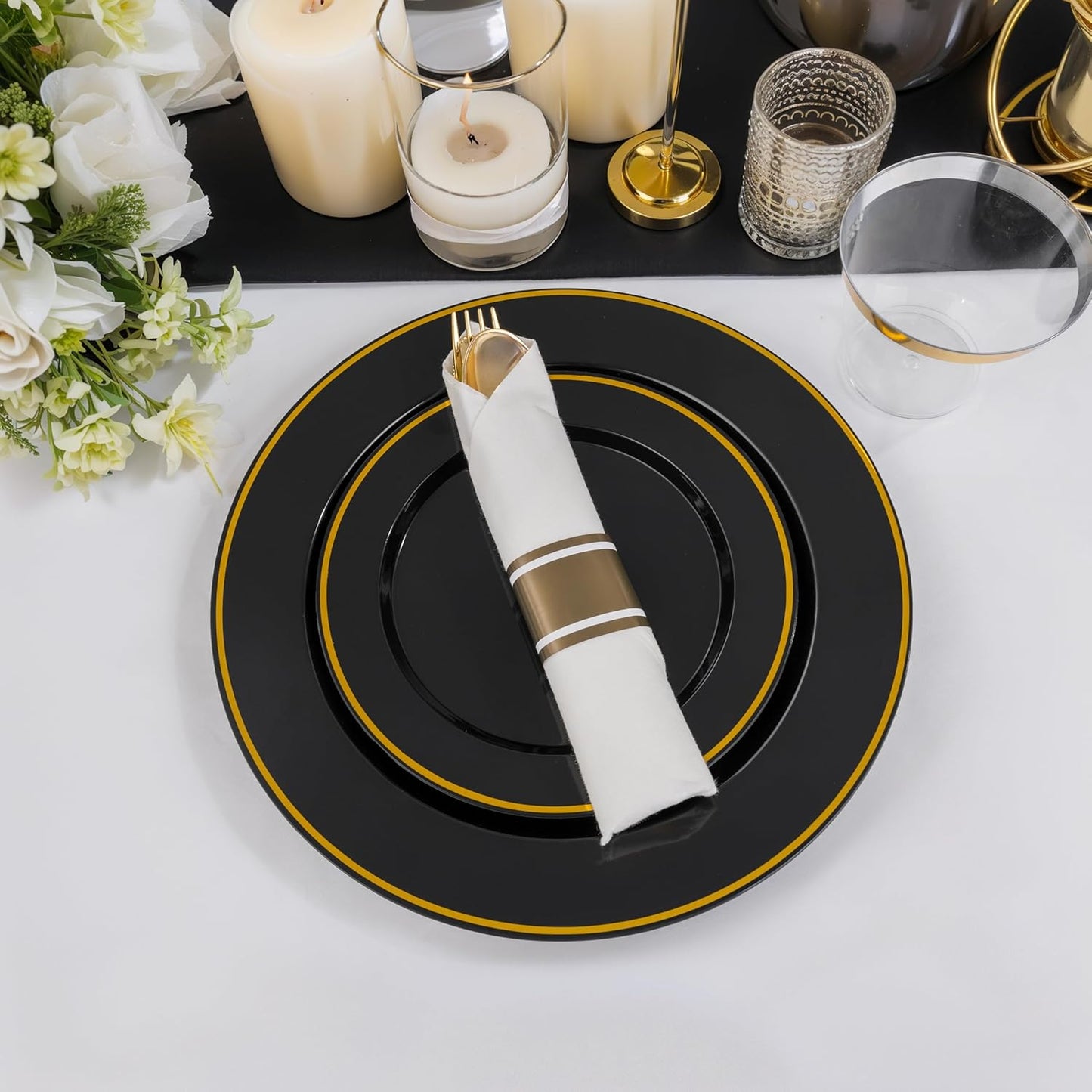 SUT 350 Pcs Black and Gold Plastic Dinnerware Set for 50 Guests, Include: 50 Dinner Plates, 50 Dessert Plates, 50 Pre Rolled Napkins With Silverware, 50 Cups, Disposable Plates for Party
