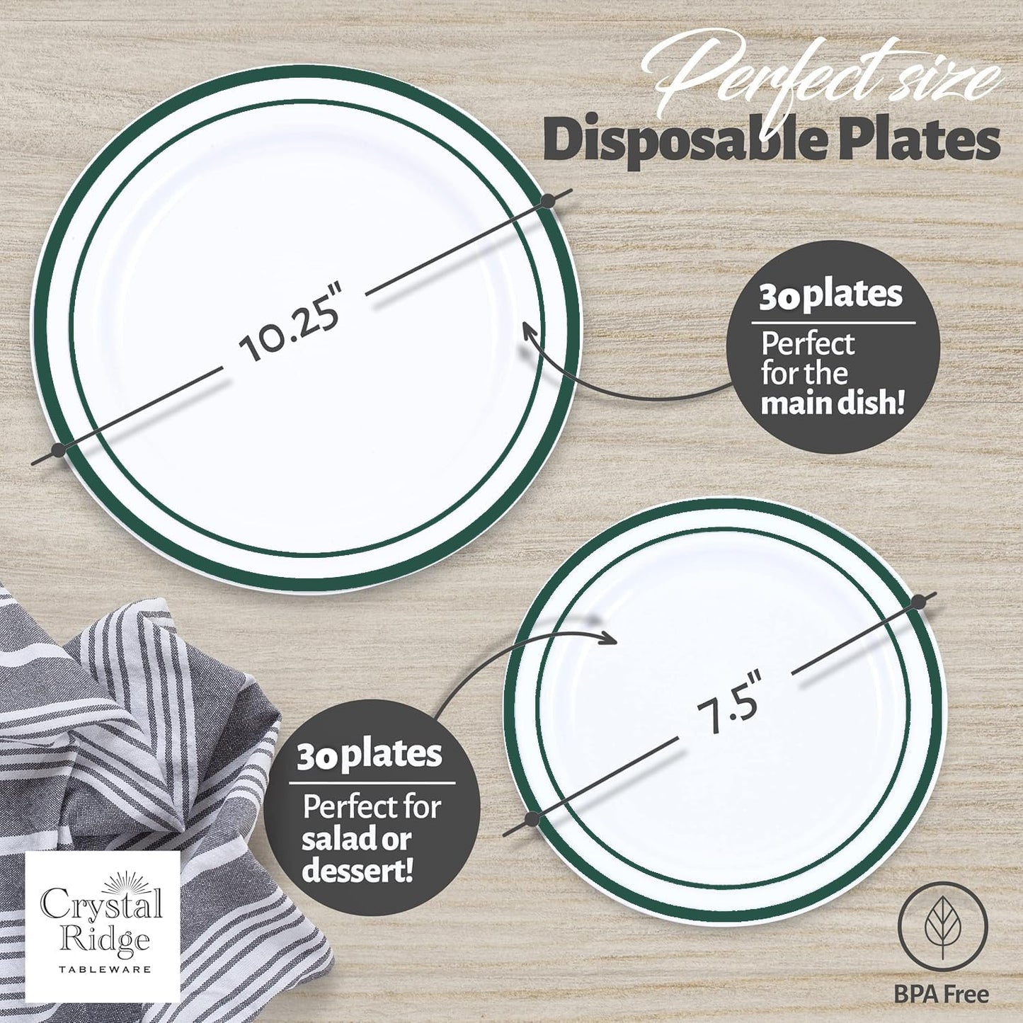 60 Pieces White Plastic Disposable Plates - Premium Heavy-Duty 30 Dinner Plates & 30 Salad Plates with Hunter Green Rim Ideal for Party, Birthday and Special Events
