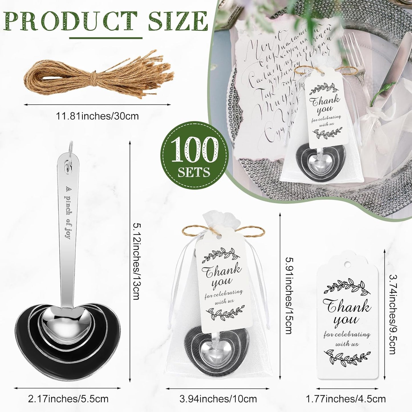 Umigy 100 Set Heart Shaped Measuring Spoon Tea Spoons Wedding Baby Shower Favors for Guests Set Heart Shape Drawstring Organza Bag Gift Tag Rope for Wedding Bridal Shower Souvenir (Silver)