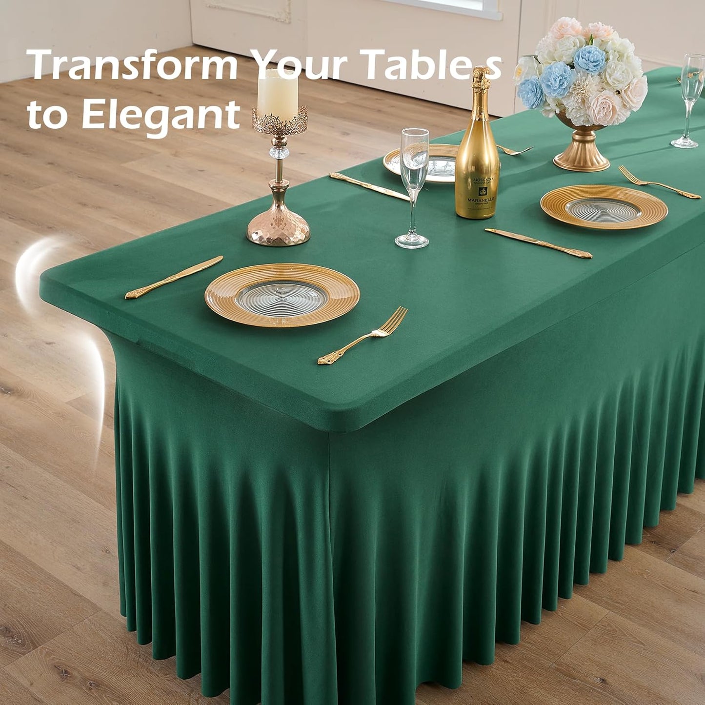 6 pk Hunter Green Spandex Tablecloth 8ft With Ruffle Table Skirt, Wrinkle Free Stretchy Fitted Tablecloths for 8 Foot Rectangle Tables, Elastic Spandex Table Covers for Weddings Parties Banquet Craft