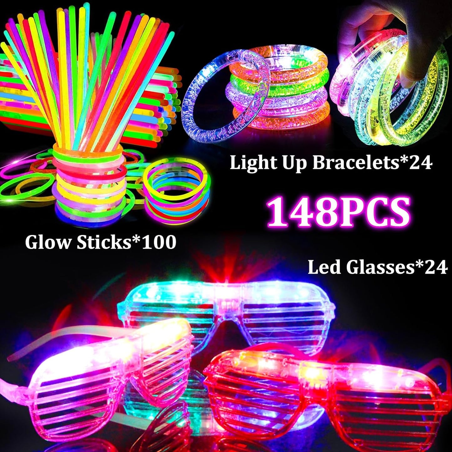 TURNMEON 148 PCS Glow in the Dark Party Supplies Light Up Toys with 24 Led Glasses, 24 Flashing Bracelets and 100 Glow Sticks Bulk Party Birthday Wedding Carnivals Concert Halloween