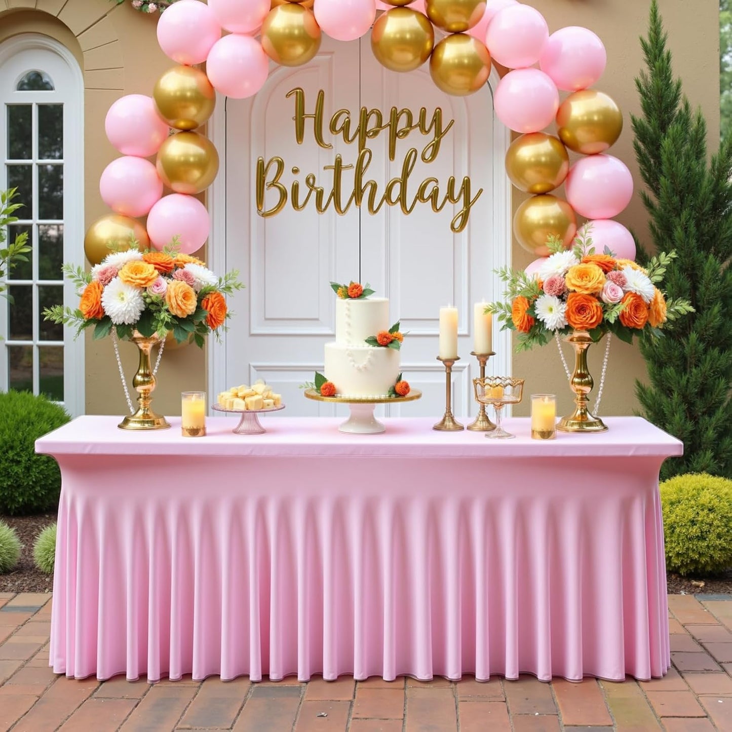 NSSONBEN 2 pk Baby Pink Spandex Tablecloth 6ft with Ruffle Table Skirt, Wrinkle Free Stretchy Fitted Tablecloths for 6 Foot Rectangle Tables, Elastic Spandex Table Covers for Weddings Parties Banquet