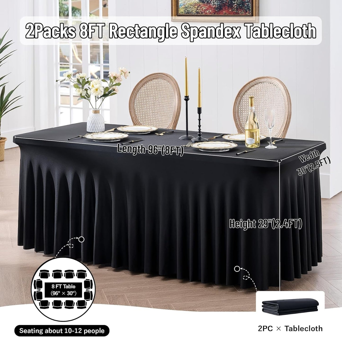 leegleri Black Spandex Table Clothes for 8 Foot Rectangle Tables, 2 Pack Wrinkle Free Rectangle Table Cloth 8ft Stretch Fitted Tablecloths with Skirt for Parties Weddings Birthday Banquet Baby Shower