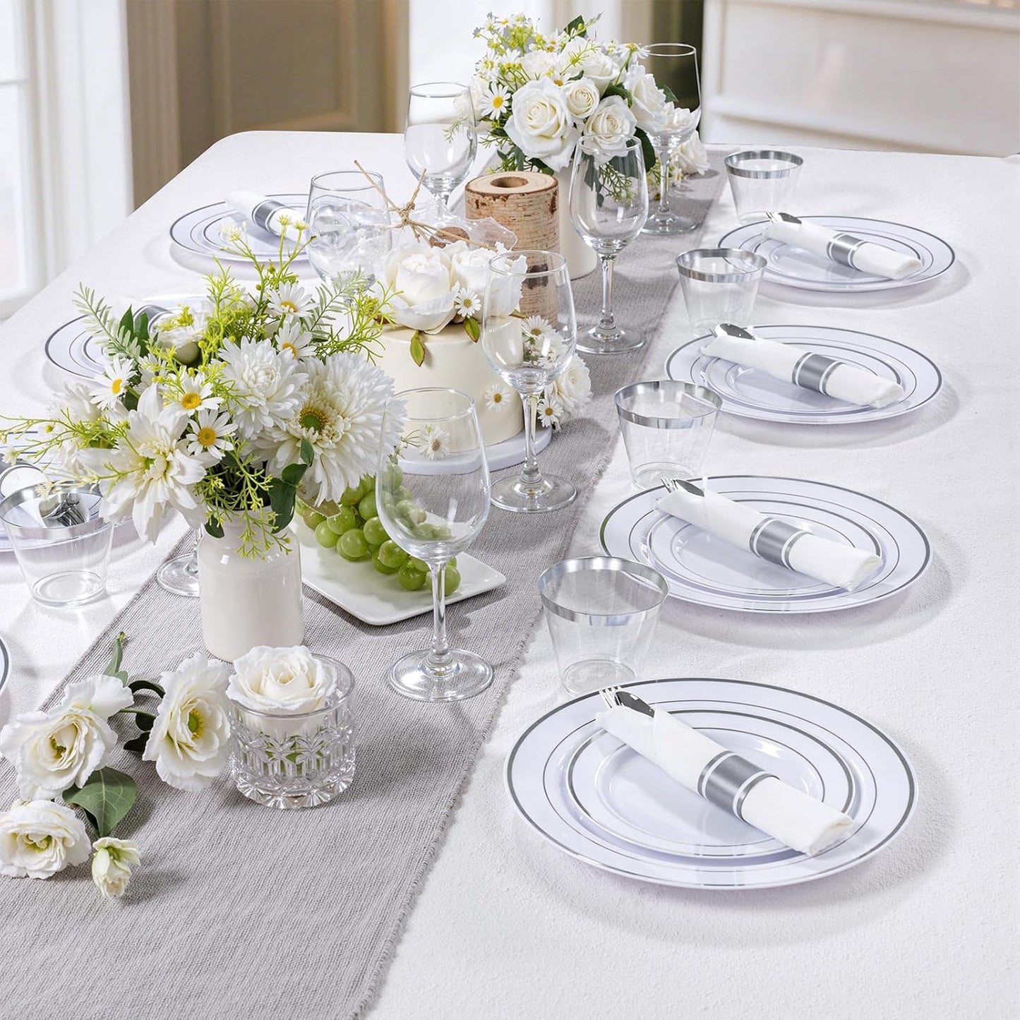 DaYammi 210PCS Silver Plastic Dinnerware Set for 30 Guests, Fancy Disposable Plates for Party, Include: 30 Dinner Plates, 30 Dessert Plates, 30 Pre Rolled Napkins with Silver Silverware, 30 Cups