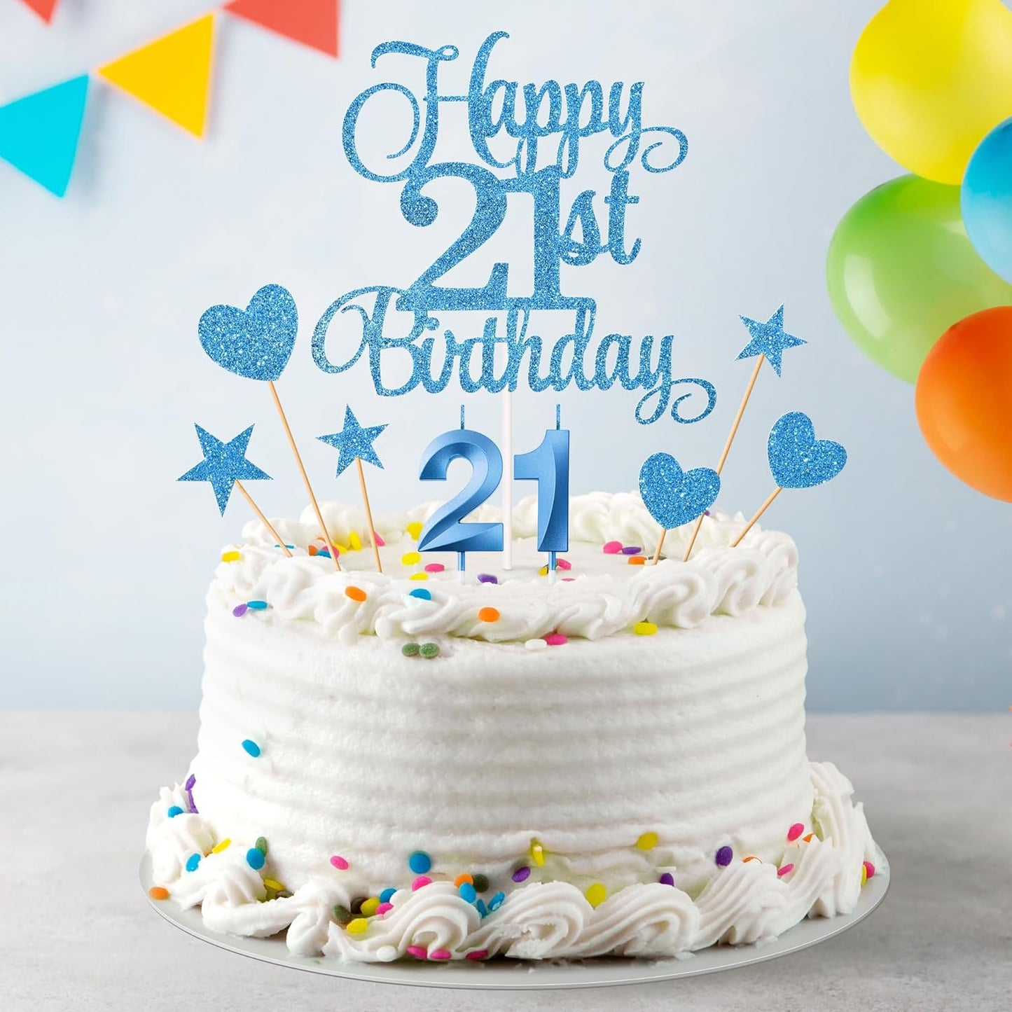 21st Birthday Cake Toppers, 21st Birthday Candles Numeral Candles and Glitter Cake Decorations Toppers Set for Party Supplies (Blue)