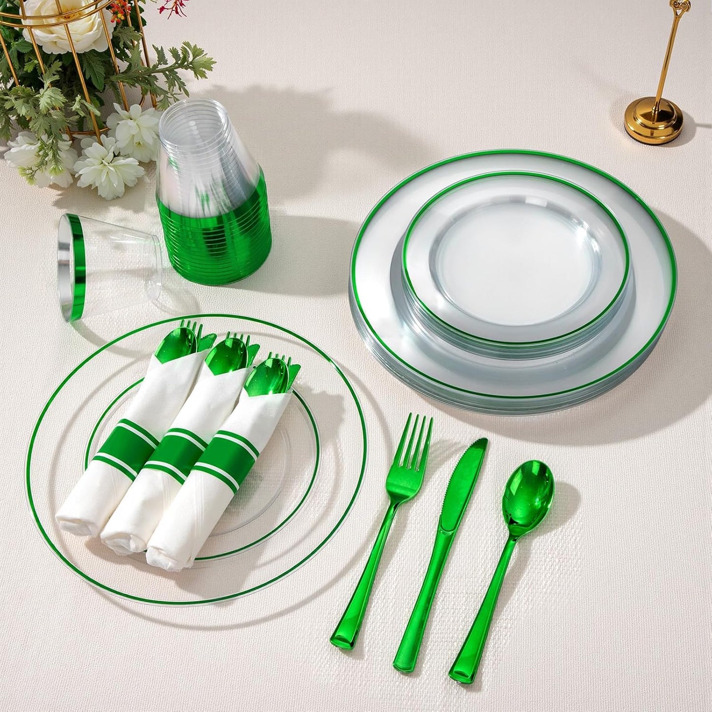 SUT 175 Pcs Green and Clear Plastic Dinnerware Set for 25 Guests, Include: 25 Dinner Plates, 25 Dessert Plates, 25 Pre Rolled Napkins With Silverware, 25 Cups, Disposable Plates for Party, Christmas