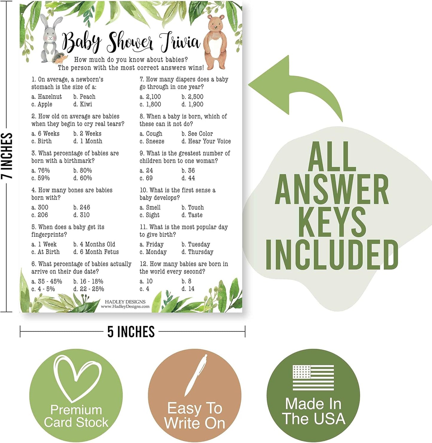 Hadley Designs Hilarious Baby Shower Games Set 25 Double-Sided Cards for 25 Guests, 2 Games, Baby Trivia, Find the Guest, Gender Neutral and Fun for Boys & Girls (Woodland)