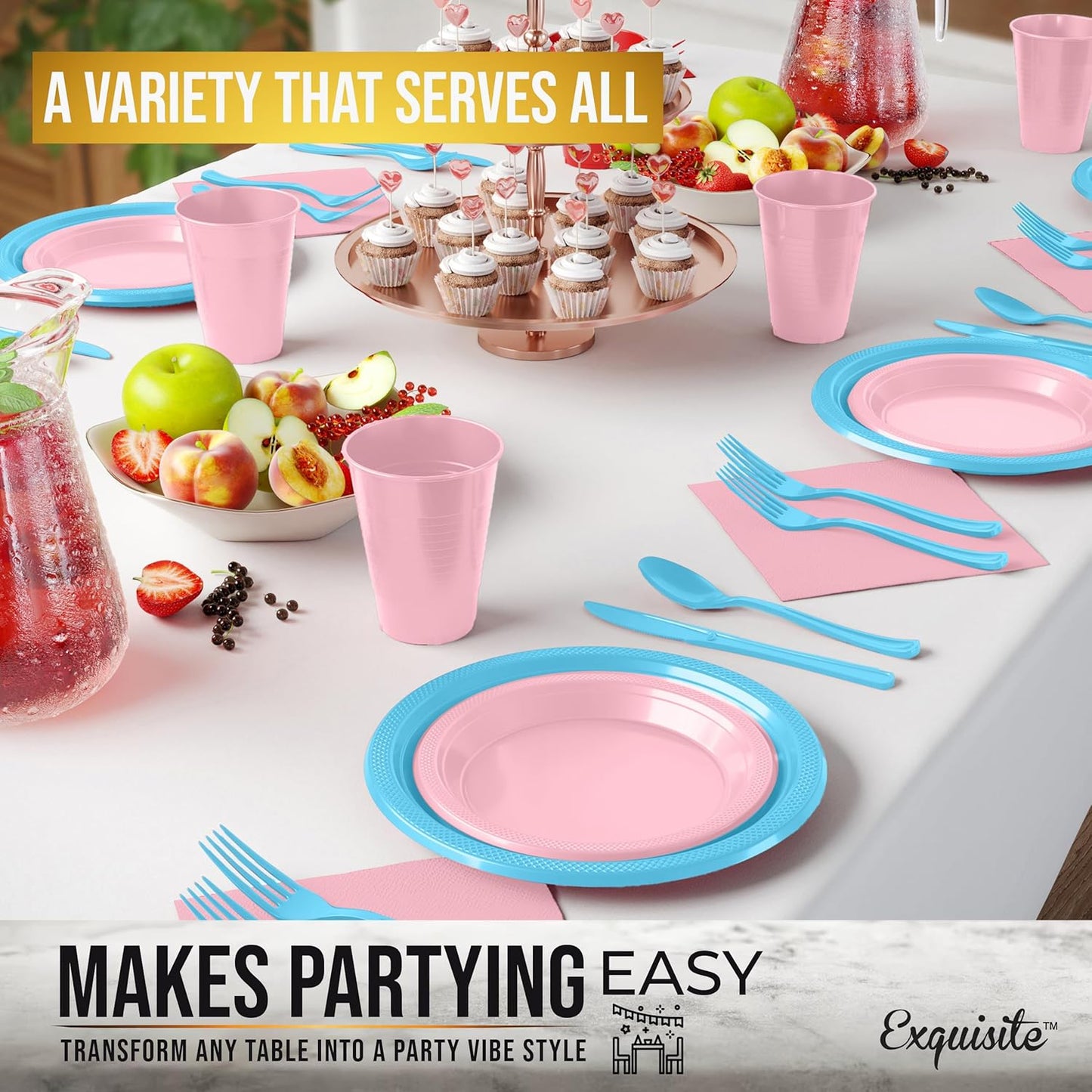 350 Pcs Gender Reveal Plastic Plates For Party, Gender Reveal Disposable Plates Set, 50 Of Each 9" Dinner Plate Set, 7" Dessert Plate, Cups, Napkins & Cutlery Plastic Dinnerware Exquisite