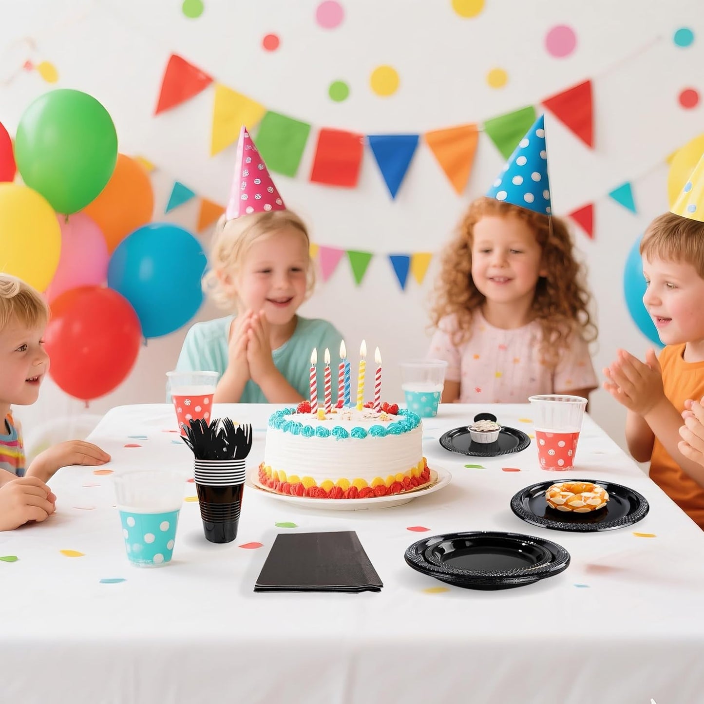 MirthMood 350PCS Black Disposable Plates, Black Party Supplies, Includes 50 Dinner Plates, 50 Salad Plates, 50 Silverware, 50 Napkins and 50 12OZ Cups.