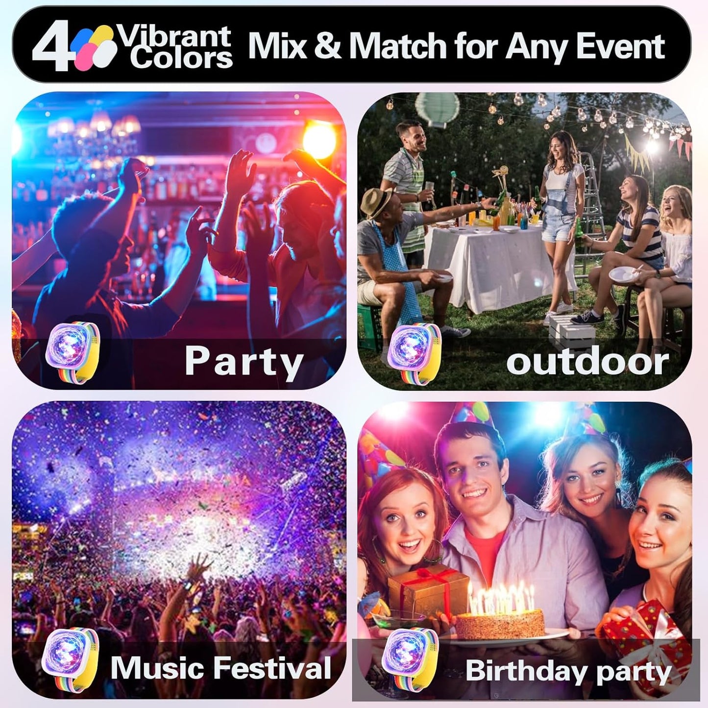 LED Light-Up Party Bands【4-Pack】- Sound-Activated Rechargeable Glow Party Favors with 5 Flashing Modes for Raves, Festivals, Concerts, Holiday Celebrations, Birthday Supplies