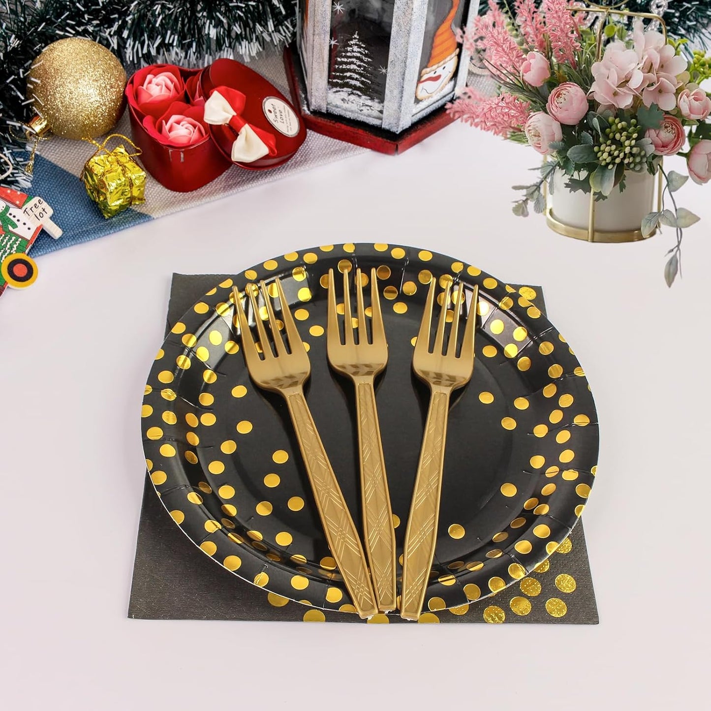 96PCS Black and Gold Plates and Napkins Party Supplies, Gold Dot Disposable Paper Plates and Napkins with Forks Tableware Set for Birthday Wedding Retirement Graduation Party Decorations 24 Guests