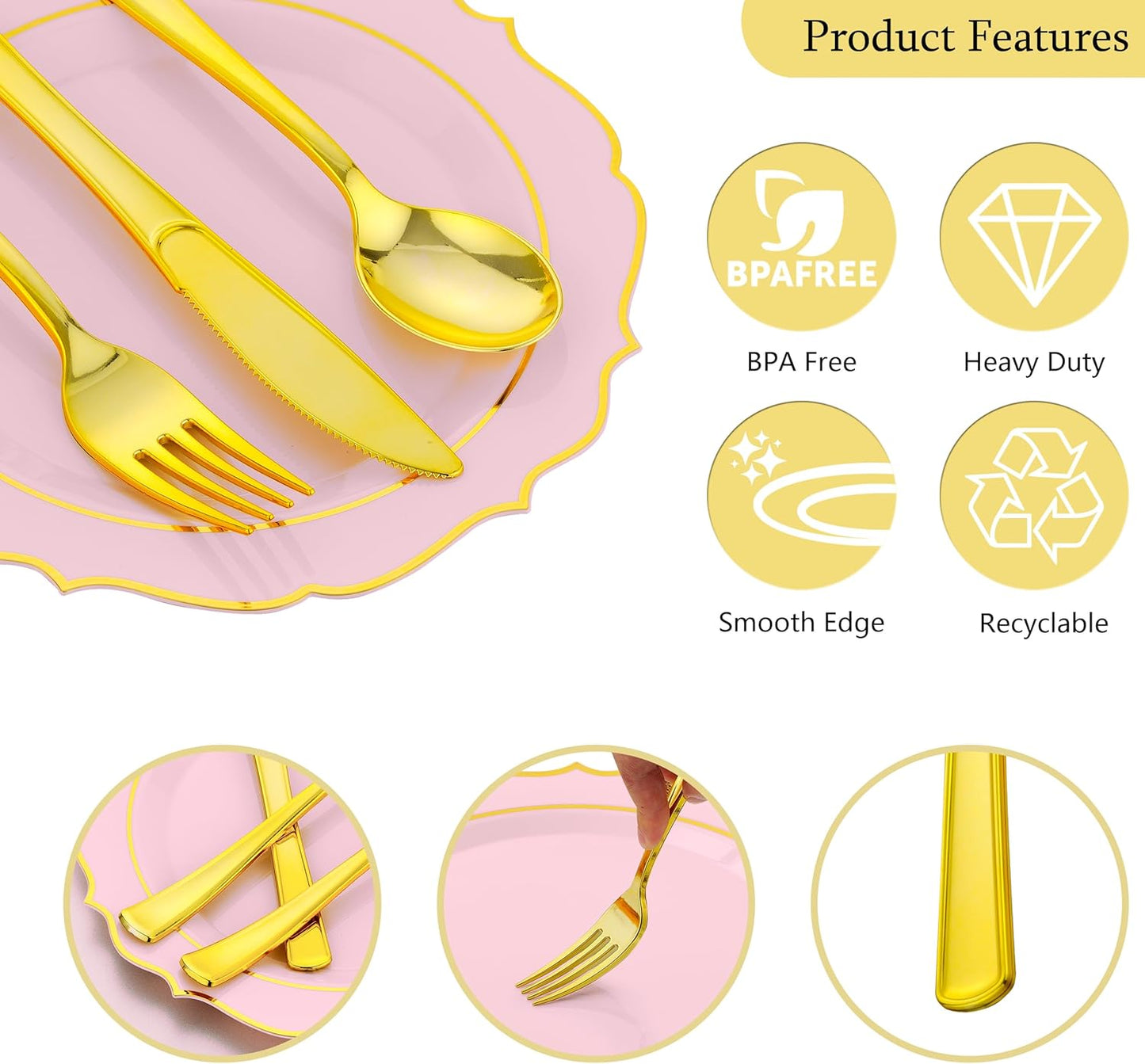 175 PCS Pink Plastic Plates for 25 Guests, Pink and Gold Disposable Dinnerware Set for Party Wedding Include 25 Dinner & 25 Dessert Plates, Spoons, Forks, Knives, Cups, 25 Napkins