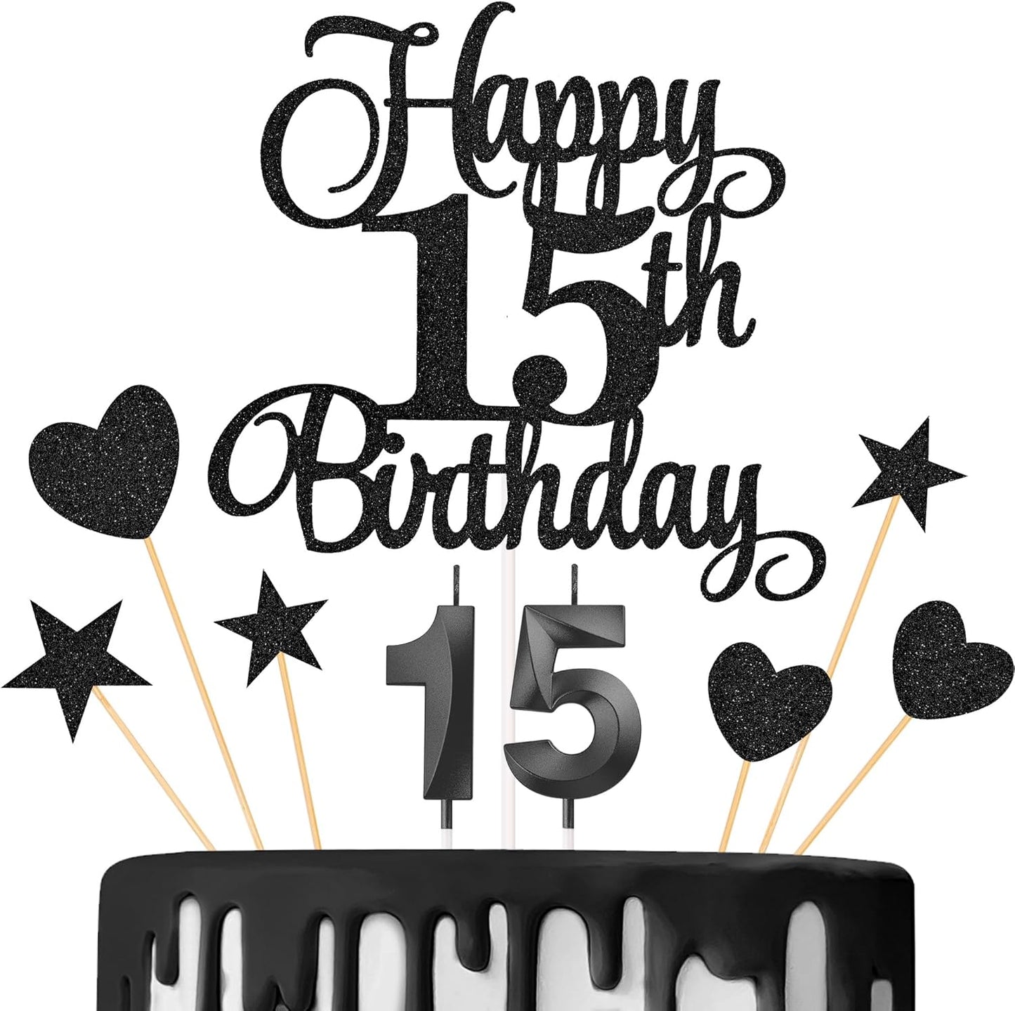 15th Birthday Cake Decorations, 15th Birthday Candles Cake Numeral Candles and Glitter Happy 15th Birthday Cake Toppers Set for Birthday Party Supplies (Black)