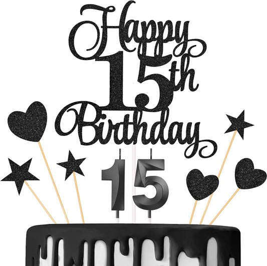 15th Birthday Cake Decorations, 15th Birthday Candles Cake Numeral Candles and Glitter Happy 15th Birthday Cake Toppers Set for Birthday Party Supplies (Black)