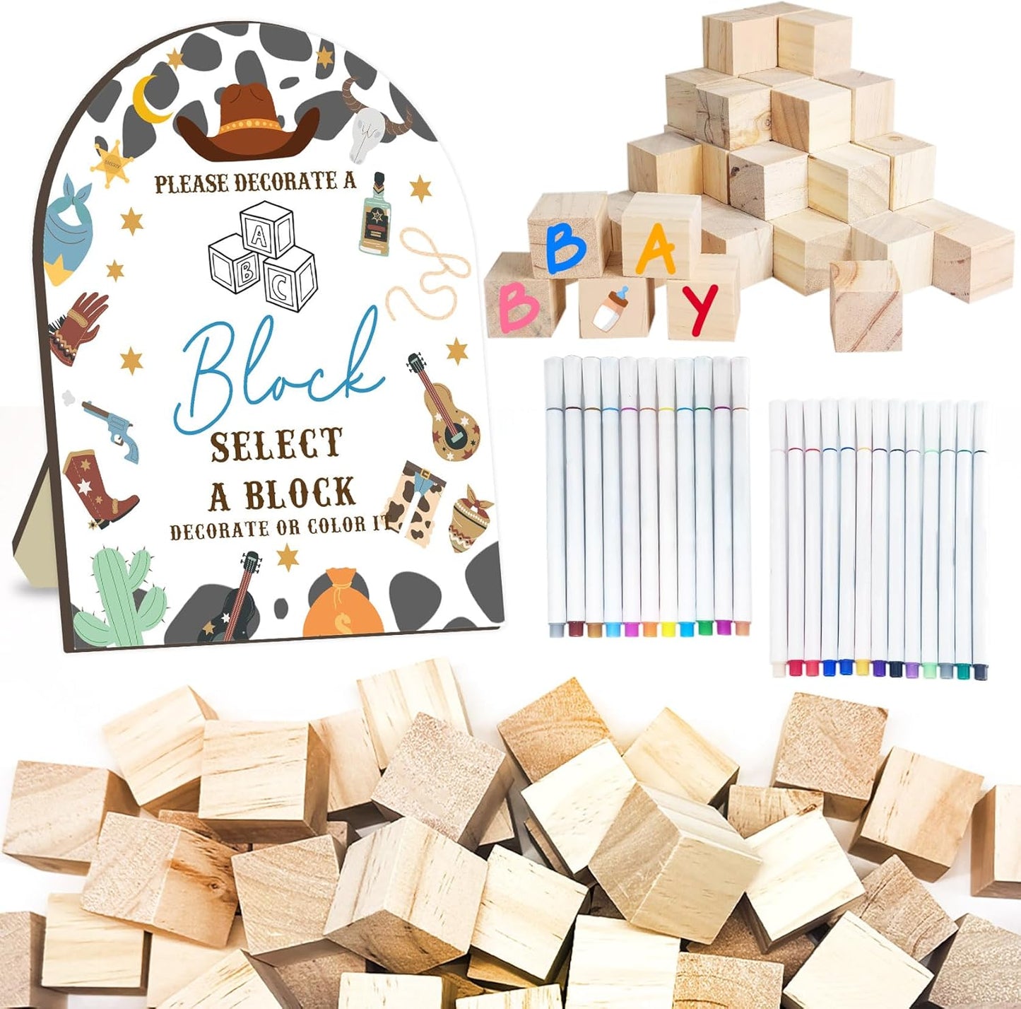 Cowboy Baby Shower Games Kit, Wild Western Baby Shower Decor, Cowboy Babies Games with 50 Blank Wooden Blocks, 24 Acrylic Paint Marker and Wooden Sign, Wild Western Games Blocks Sign for Boys Girls