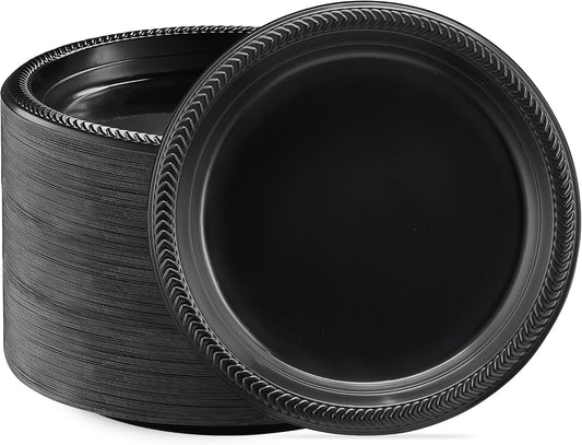 PLASTICPRO 400 PCS Black Plastic Plates Light Weight 9 Inch Plastic Dinner Plate Black Plates Disposable for Party and Wedding