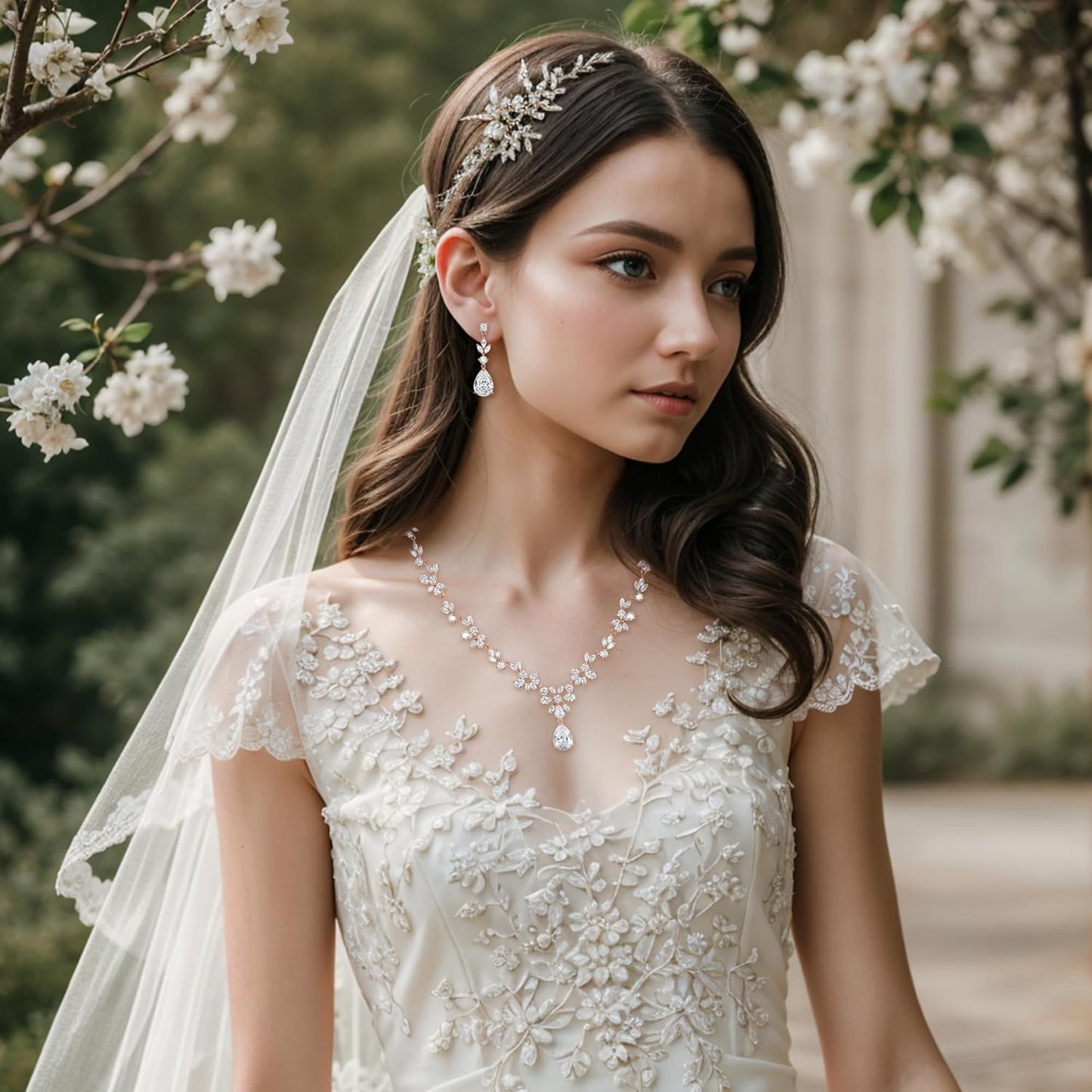 BriLove Gorgeous Wedding Jewelry Set for Women Bridal Cubic Zirconia Marquise Teardrop Leaf Cluster Y-Necklace Dangle Earrings Link Bracelet