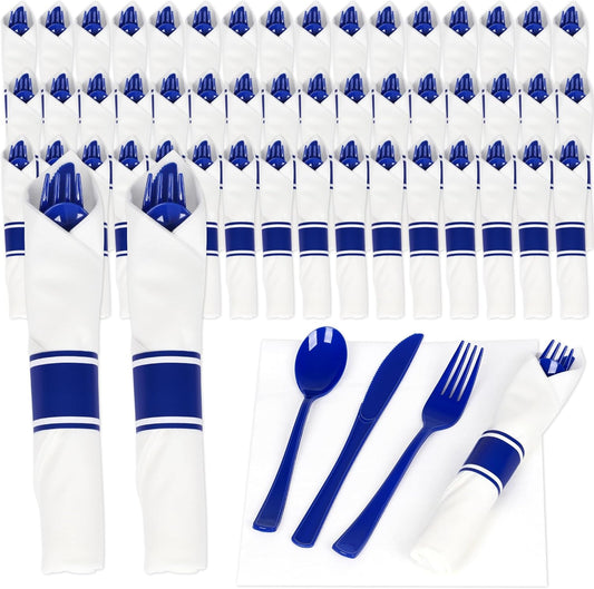 50 Pack Pre Rolled Blue Plastic Silverware Set,Wrapped Plastic Cutlery Set with Napkin Include 50 Forks,50 Spoons,50 Knives and 50 White Napkins for Party,Wedding