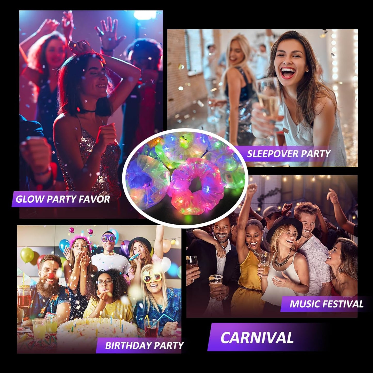 4Pcs Light Up Scrunchies Christmas Hair Tie, LED Neon Hair Accessories for Women & Girls, Glow in the Dark Party Supplies Sleepover Party Favor Rave Accessory