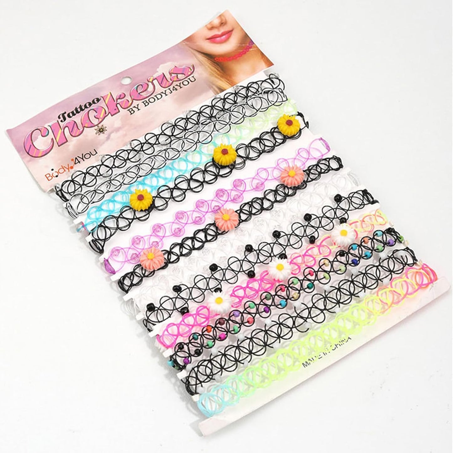 BodyJ4You 24PC Tattoo Choker Necklace - 90s Choker Necklaces Y2K Fashion Trendy Vintage - Daisy Flower Charm Colorful Rainbow Black Goth Pendant - Stretchy Elastic Necklace Summer Gift Set