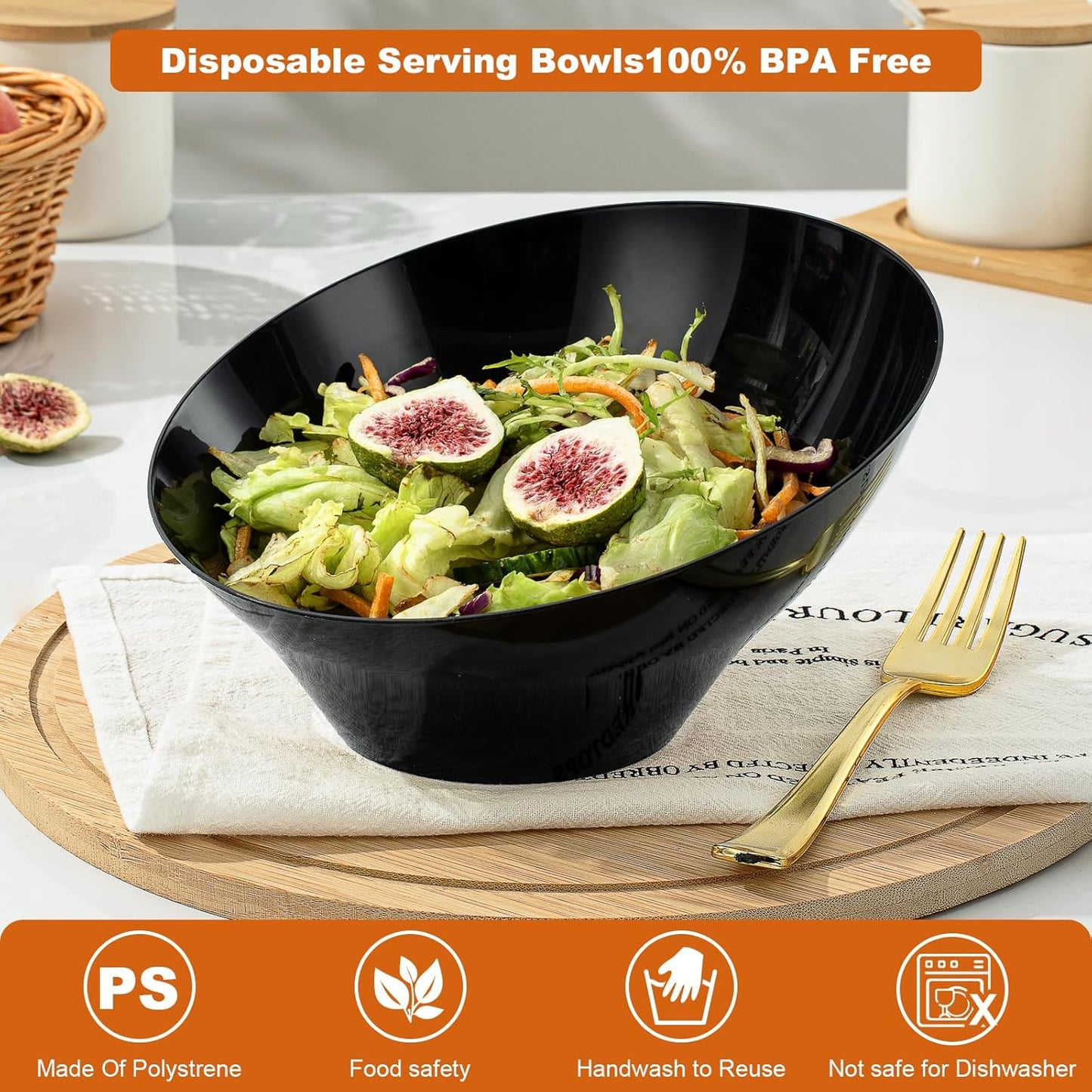 Goodluck 5 Pack Black Plastic Serving Bowls for Party - 20 OZ Angled Disposable Serving Bowls for Wedding Party Chip, Candy, Salad & Fruit