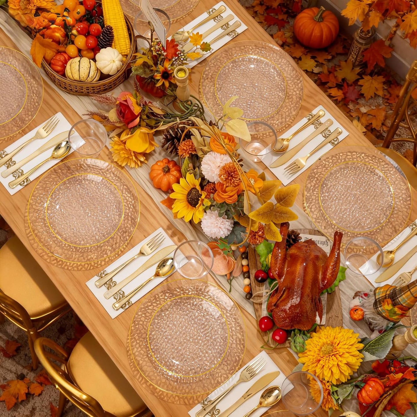 Rubtlamp 175 Pcs Plastic Dinnerware Set (25 Guests), Clear And Gold Plastic Plates, Hammered Party Plates Include Dinner Platos, Dessert Platos, Cups, Gold Cutlery Set And Napkins for Thanksgiving