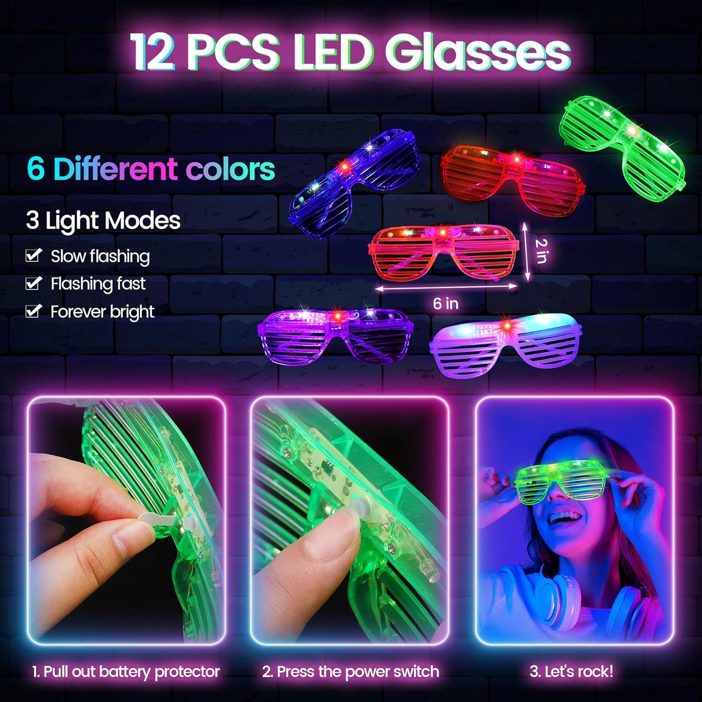 Elcoho 102 Pcs Glow In The Dark Party Supplies LED Light Up Party Favors with Shutter Glasses Garlands Tattoo Stickers Glow Sticks Finger Lights for Birthday Neon Parties Wedding Concert Raves