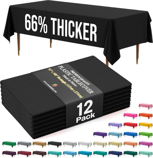 Party Solids 66% Thicker Premium Plastic Table Cloth Rectangle Table Cover 0.5 Mil 12 Pack Black Table Cloth 54 Inch x 108 Inch Disposable Tablecloth Won't Tear Easily Like Cheap Thin Brands