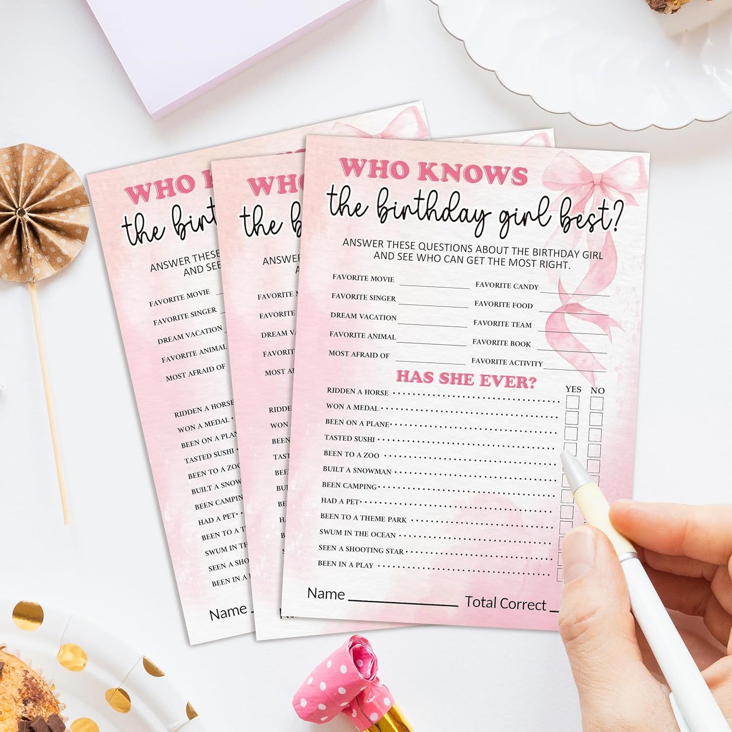 Birthday Party Games Card, Who Knows The Birthday Girl Best, Girls Sleepover Party Supplies for The Girls Card Game, 5x7 Inch Set of 25 Game Cards (Pink, Double-Sided) - A06