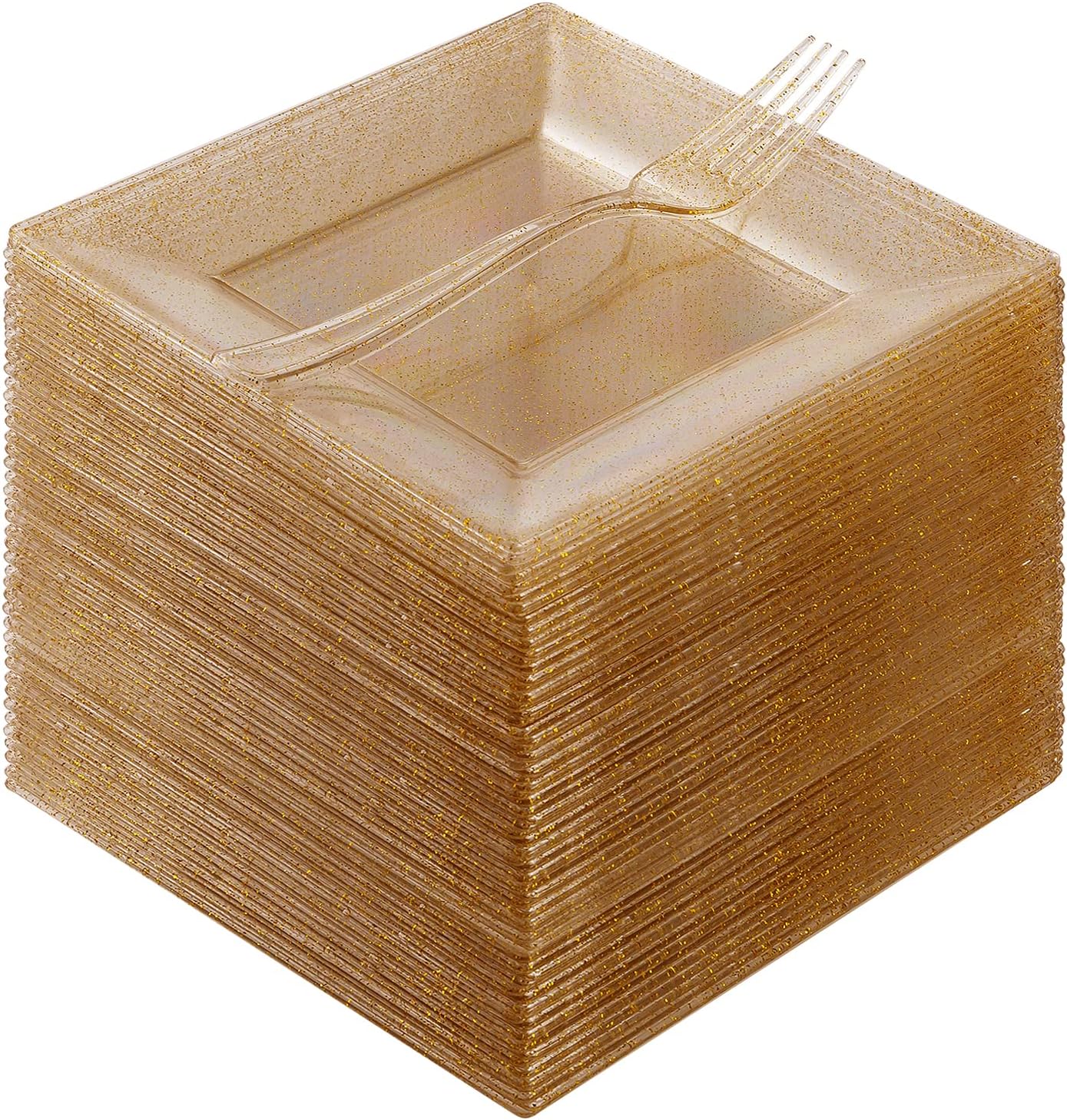 Goodluck 120PCS 6.5"Square Gold Glitter Dessert Plastic Plates with 7.4"Forks, Gold Appetizer Plates for 60 Guests, Including 60 Disposable Cake Plastic Plates and 60 Forks for Wedding/Birthday Party