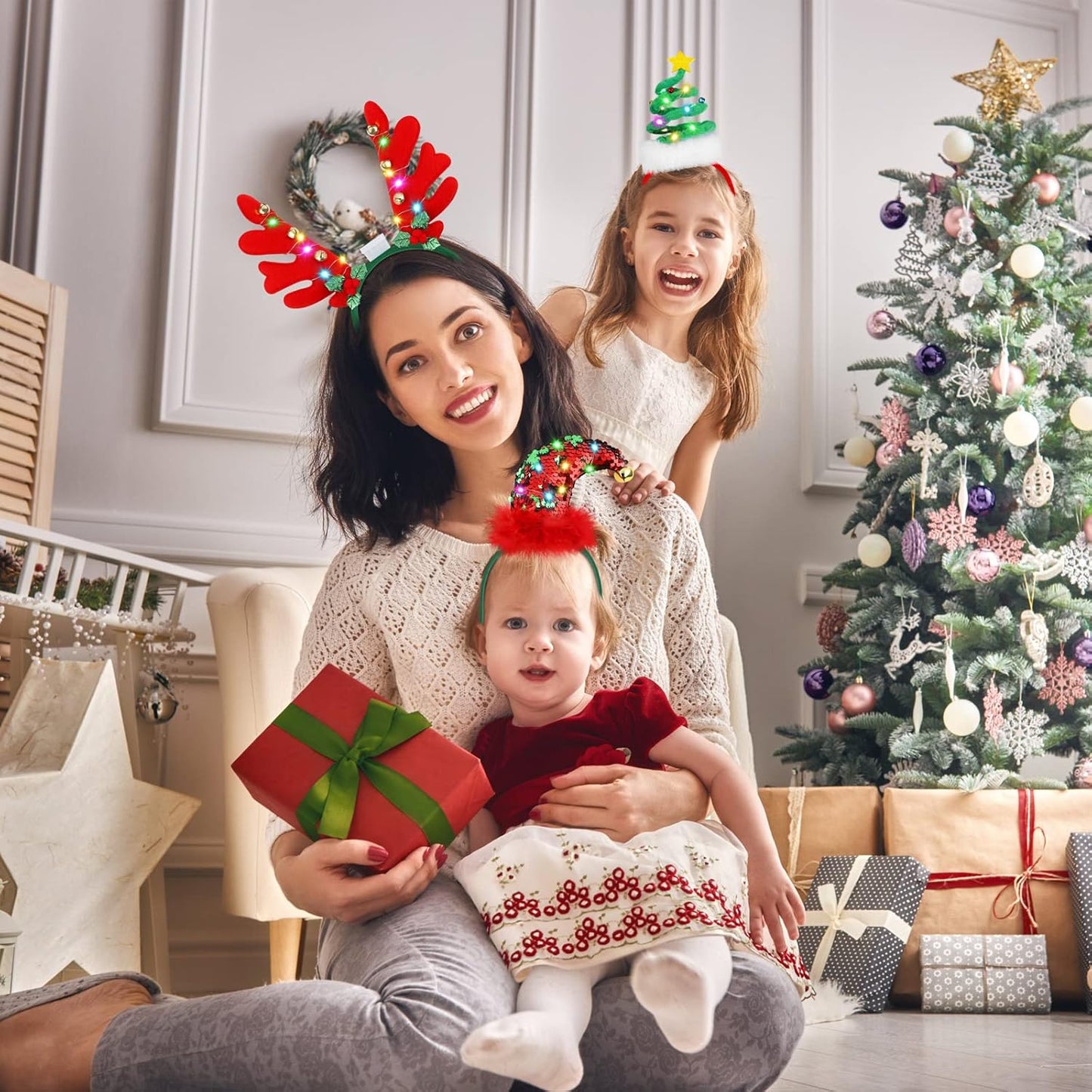 Aneco 6 Pack LED Christmas Headbands Assorted Christmas Tree Candy Canes Elf Hats Headwear Antler Costume Hair Hoop for Christmas Costume Accessory Party Favors