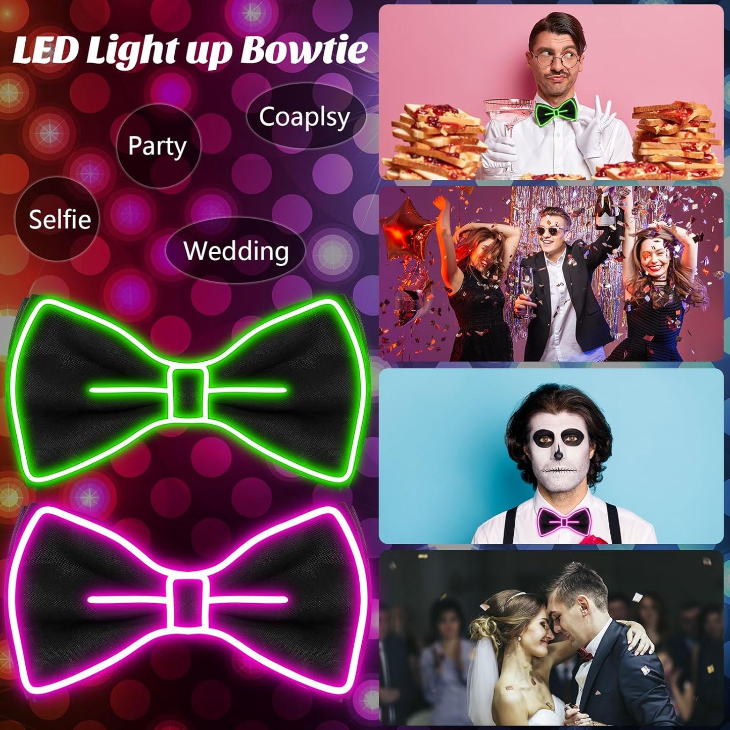 Hercicy Light up Bow Tie for Men LED Neon Bowtie Funny Ties Women Glow in the Dark Party Costume