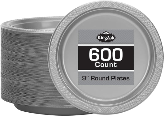 Hanna K. Signature Collection Silver Plastic Plates 9 Inch - 600 count Solid Round Party For Weddings, BBQs, Birthday Disposable Dessert (81890 (case))