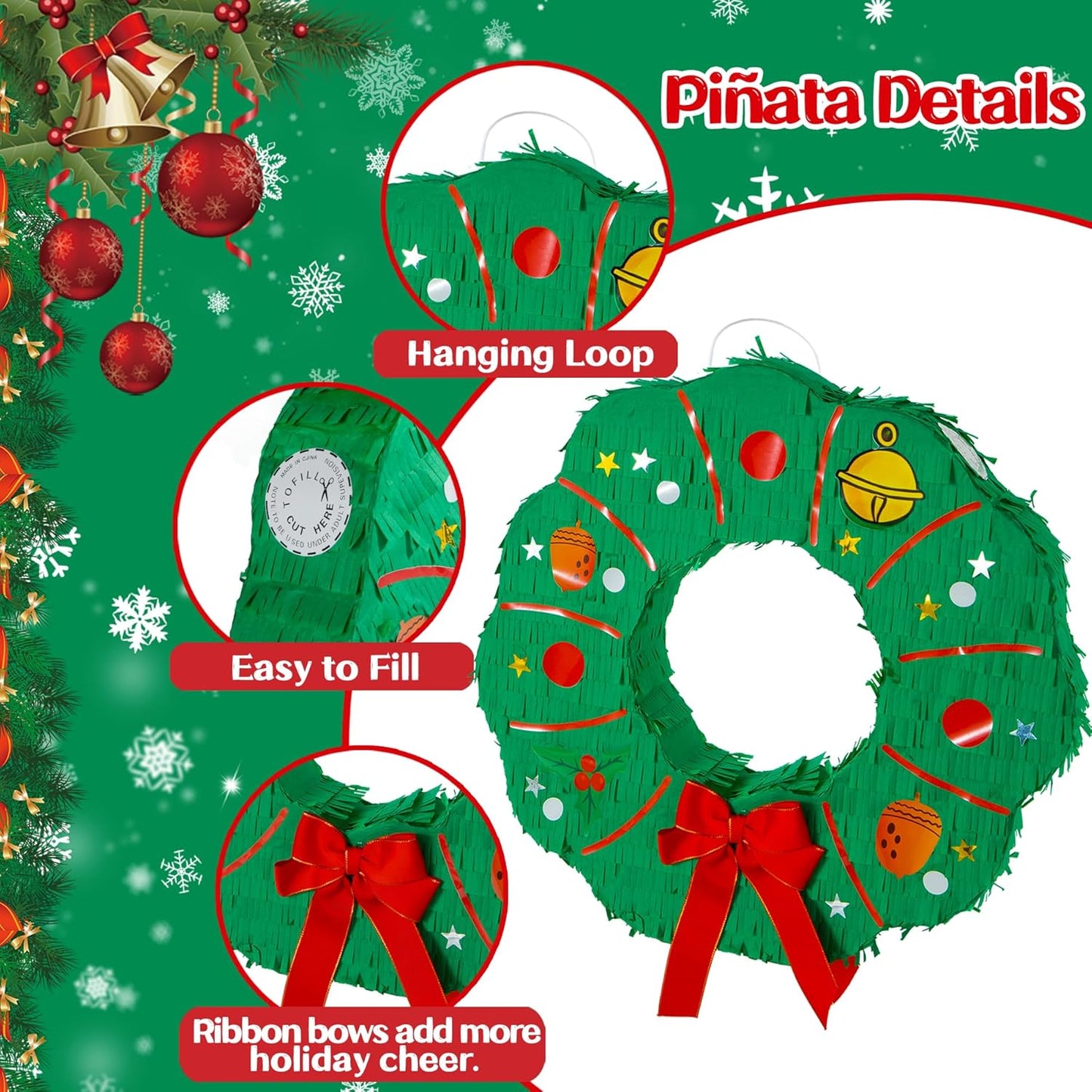 PCFING 18 Inch Christmas Wreath Piñata with 30 Inch Piñata Stick Blindfold Confetti for Boy Girl Adults Xmas Party Game Decorations