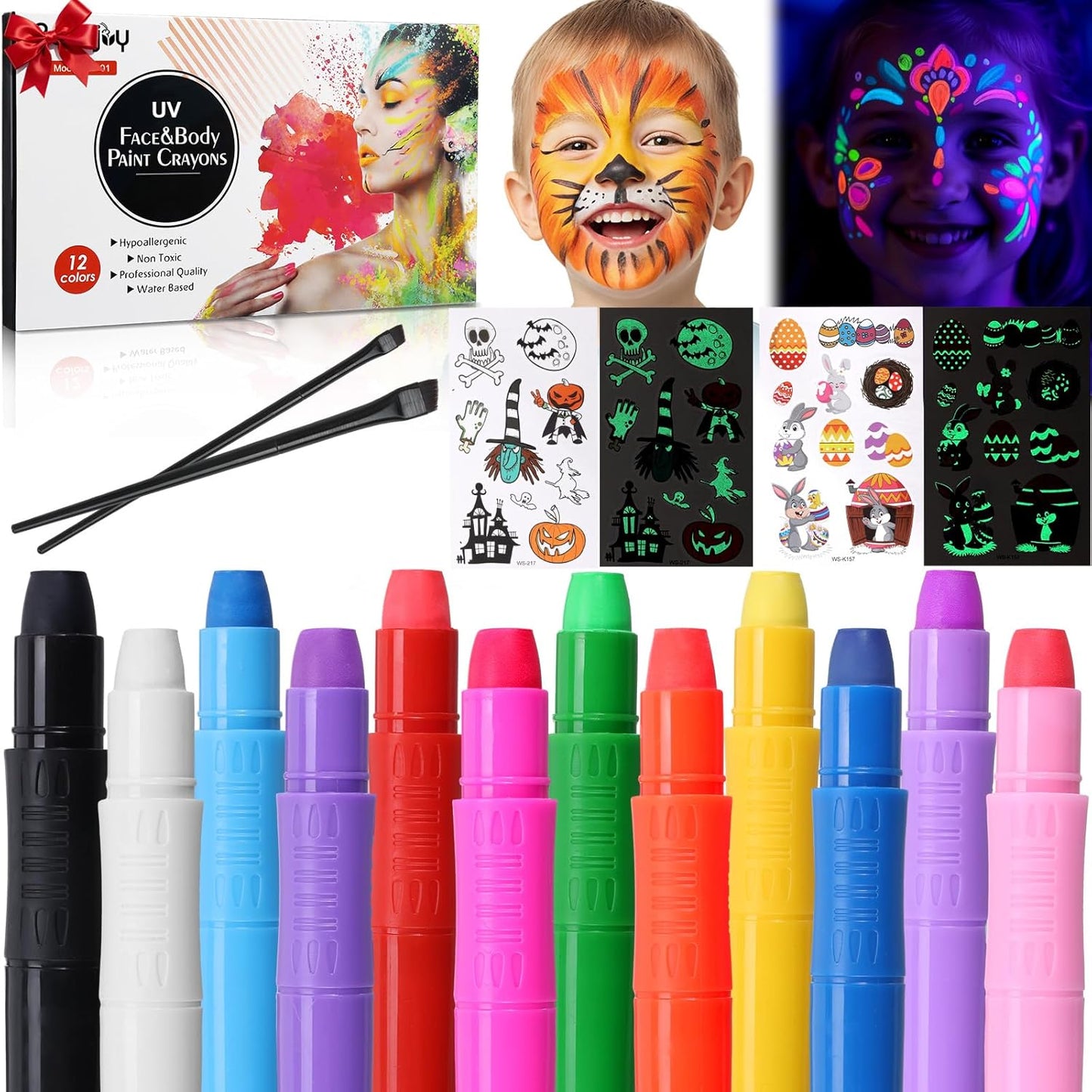 Beesjuy Glow Face Body Paint,12 PCS Glow In The Dark Under UV BlackLight, Face Painting Kits Neon Makeup Sticks for Kids Adult Halloween Birthday Glow Party Supplies