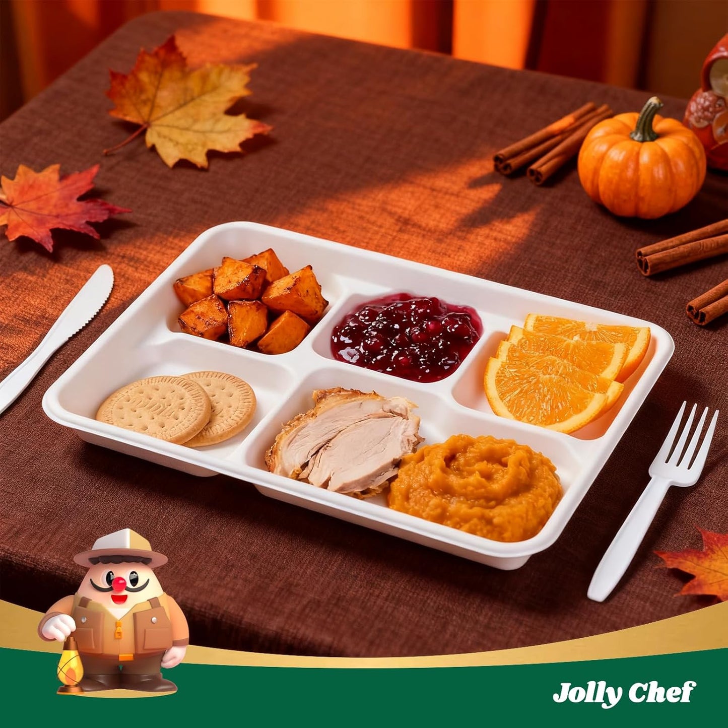 JOLLY CHEF Compostable 𝟱 Compartment Paper Plates 𝟭𝟭 * 𝟴 𝗶𝗻𝗰𝗵 [𝟱𝟬𝟬 𝗣𝗮𝗰𝗸] Heavy Duty White Divided Disposable Plate Eco-Friendly Biodegradable Food Trays for Party Lunch Thanksgiving Day