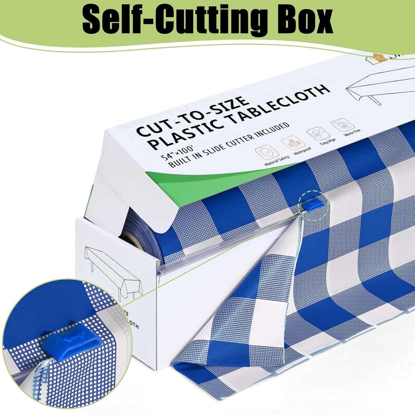 Smiry 54 Inch x 100 Feet Disposable Table Cover Roll, Blue & White Plastic Table Cloth in Cut-to-Size Box with Slide Cutter, Waterproof Rectangle Tablecloths for Weddings, Banquets, Outdoor