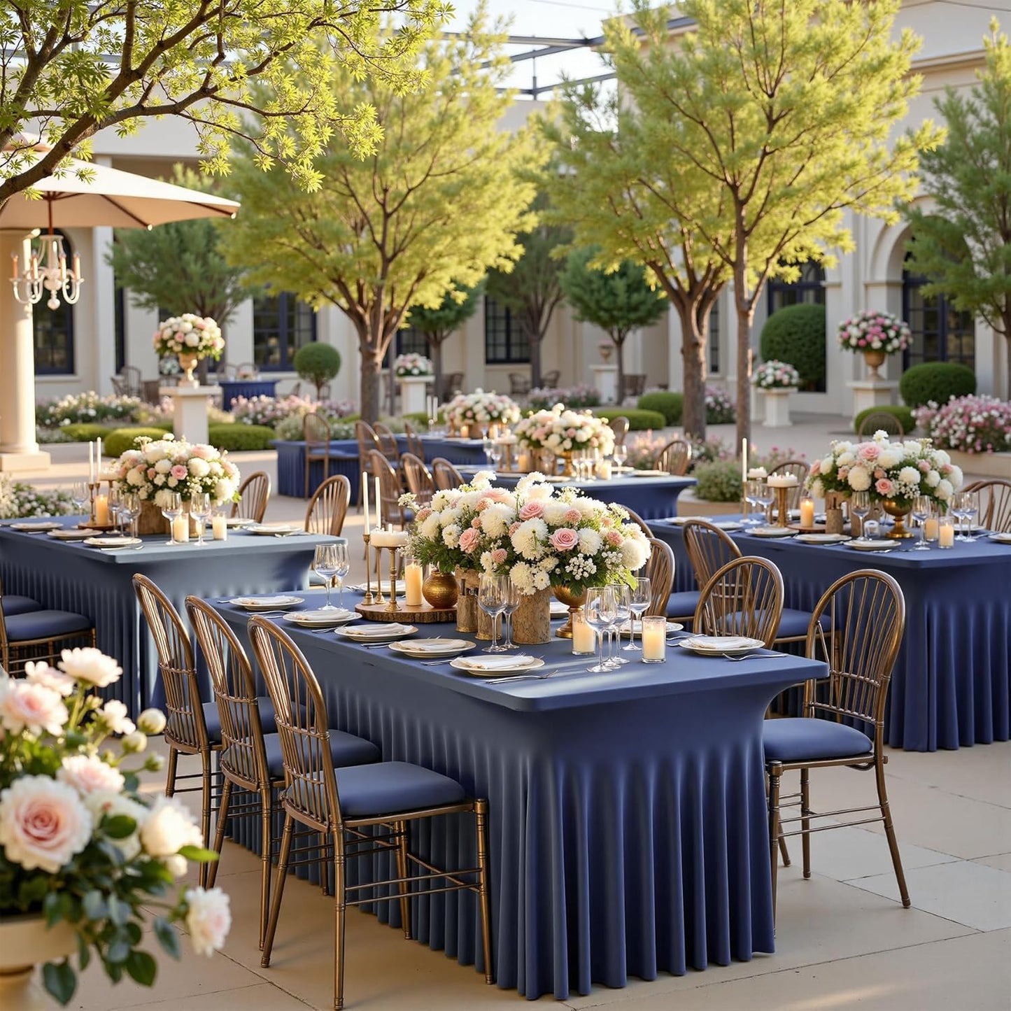 4 pk Navy Blue Spandex Tablecloth 6ft with Ruffled Skirt, Wrinkle Free High Stretch Fitted Tablecloths for 6 Foot Rectangle Tables, Elastic Navy Spandex Table Covers 6 ft for Graduation Wedding Party