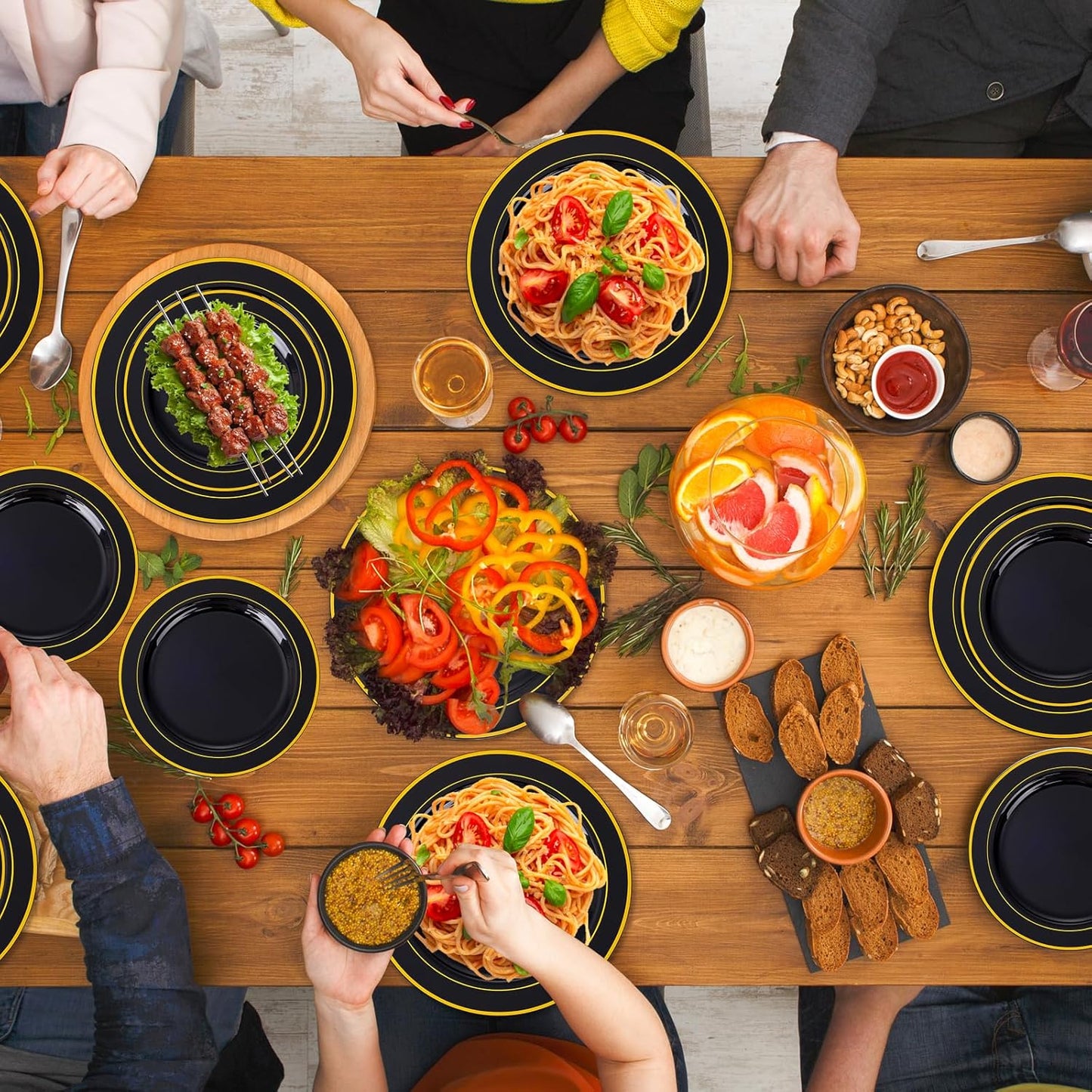 GATHER 700PCS Black Plastic Plates - Gold Disposable Plastic Dinnerware Set Include 200 6.3inch/9inch Black Plates, 300 Silverware, 100 Napkins, 100 Cups for Party & Wedding & Halloween