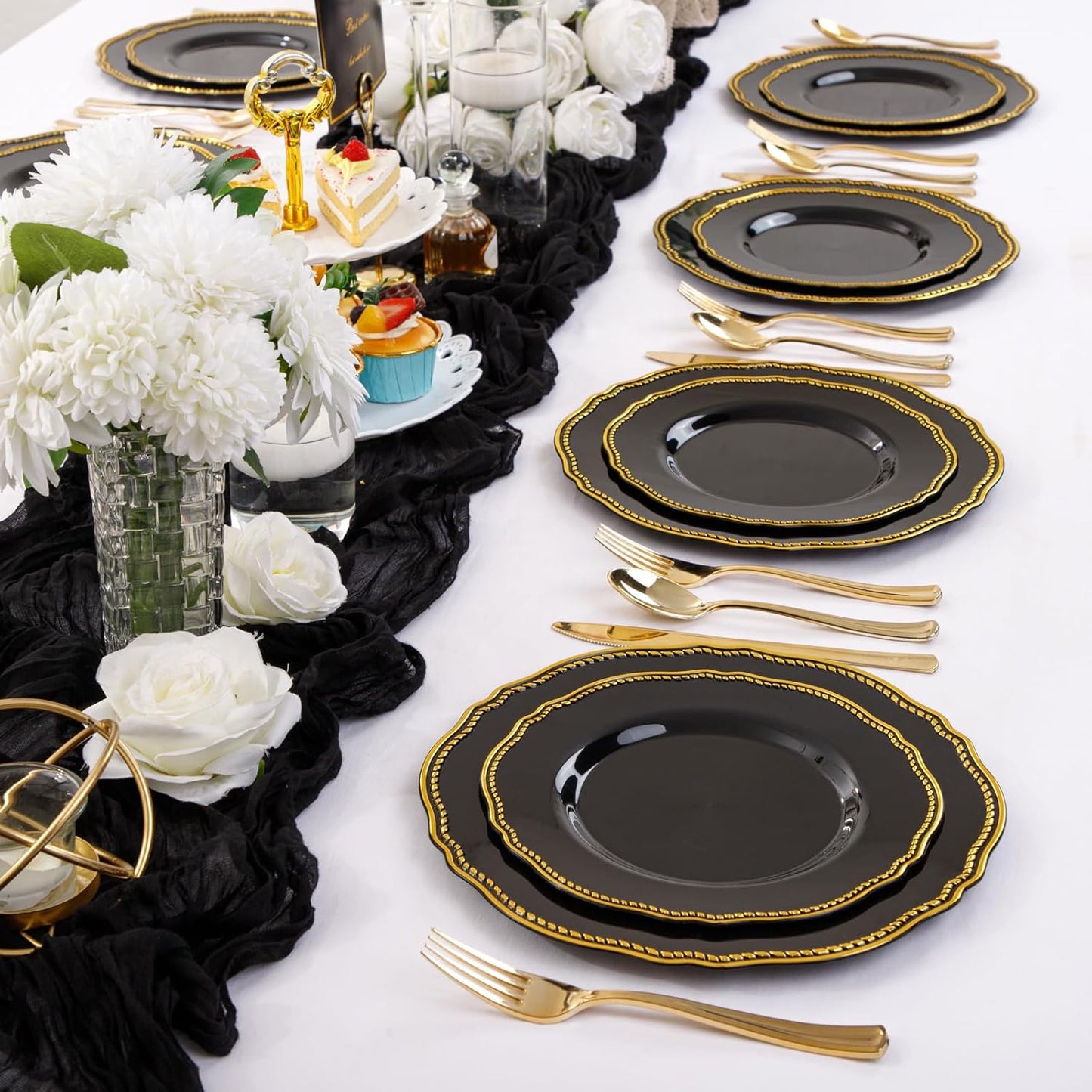 Hioasis 60pcs Balck Plastic Plates - Black and Gold Disposable Dinnerware with Gold Rim, Heavy-duty, 10.25 inch, Dinner Plates for Party & Wedding