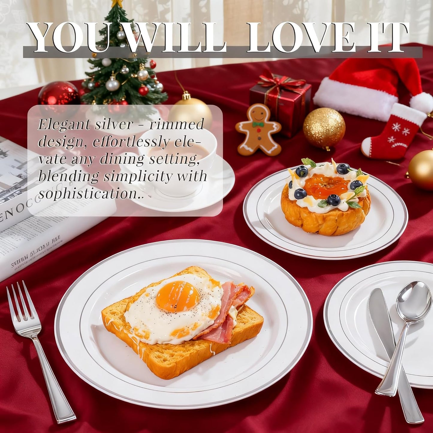 350Piece Silver Plastic Dinnerware Set for 50 Guests - Silver Plastic Plates with Cutlery Include:50Dinner Plates-50Dessert Plates-50Pre Rolled Napkins with Silverware for Christmas