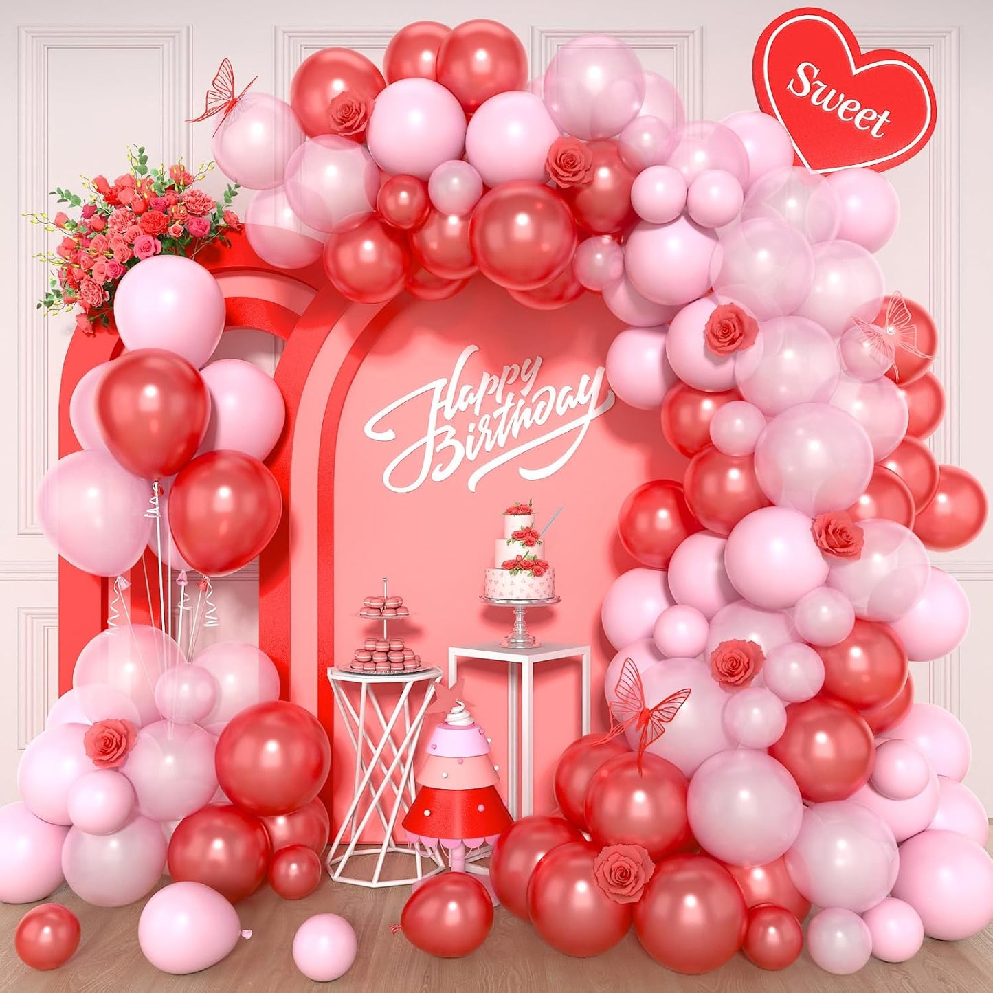 Red and Pink Balloon Arch Kit, 120Pcs Pastel Pink and Red Balloon Garland Kit Pearl Pink Party Balloons Latex Balloons for Valentines Day Decorations Birthday Baby Shower Wedding