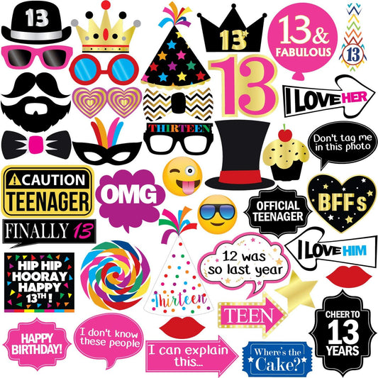 13th Birthday Photo Booth Party Props - 40 Pieces - Funny Official Teenager Birthday Party Supplies, Decorations and Favors