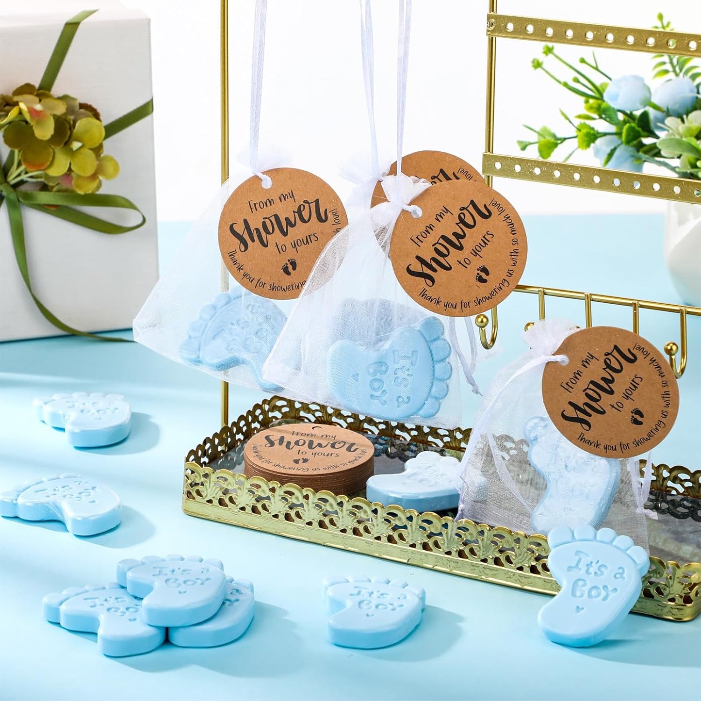 50 Sets Baby Shower Soap Favors for Guests Boy Girl Mini Handmade Scented Soaps with Thank You Tags and Organza Bags for Shower Gender Reveal Party Favors(It's A Boy,Blue Baby Feet)