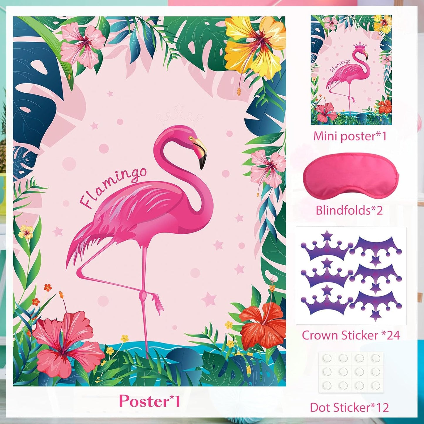 NEBURORA Pin The Crown on The Flamingo Party Game with 24 Crowns Stickers for Kids Flamingo Theme Party and Birthday Hawaiian Luau Party Supplies