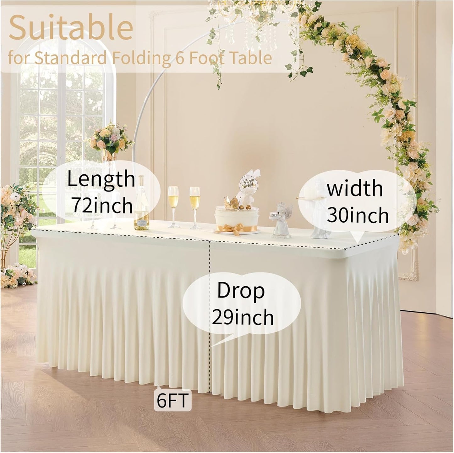 Outpain 6ft Spandex Table Cloth for Standard Folding Tables-2Pack Ivory Table Cloth Table Protector for Party, Wedding, Cocktail, Banquet, Festival