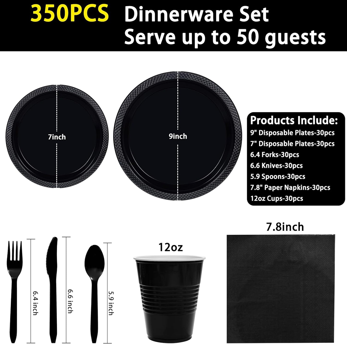 MirthMood 350PCS Black Disposable Plates, Black Party Supplies, Includes 50 Dinner Plates, 50 Salad Plates, 50 Silverware, 50 Napkins and 50 12OZ Cups.