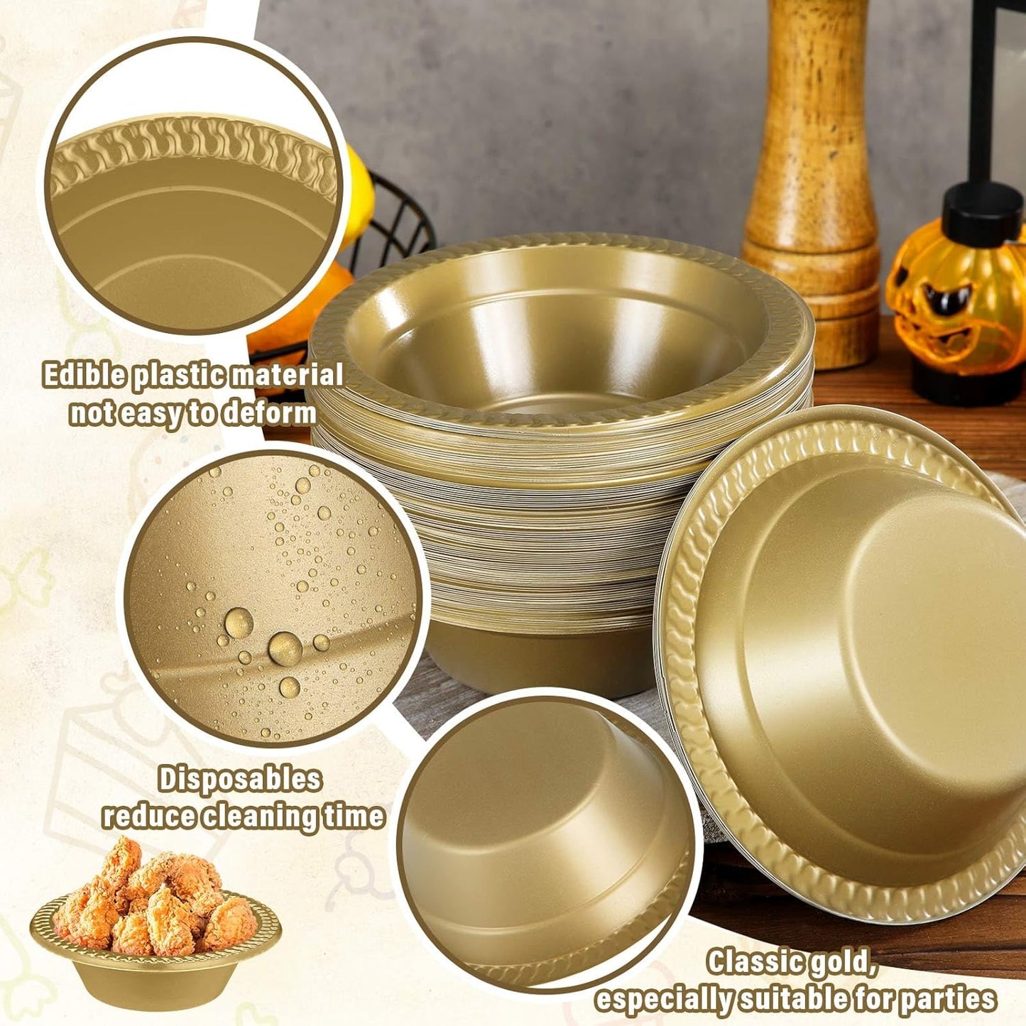 Lallisa 100 Pcs 12oz Gold Disposable Plastic bowls Dessert Cups Ice Cream Snack Salad Soup Food Serving Bowls for Party Favor Picnic