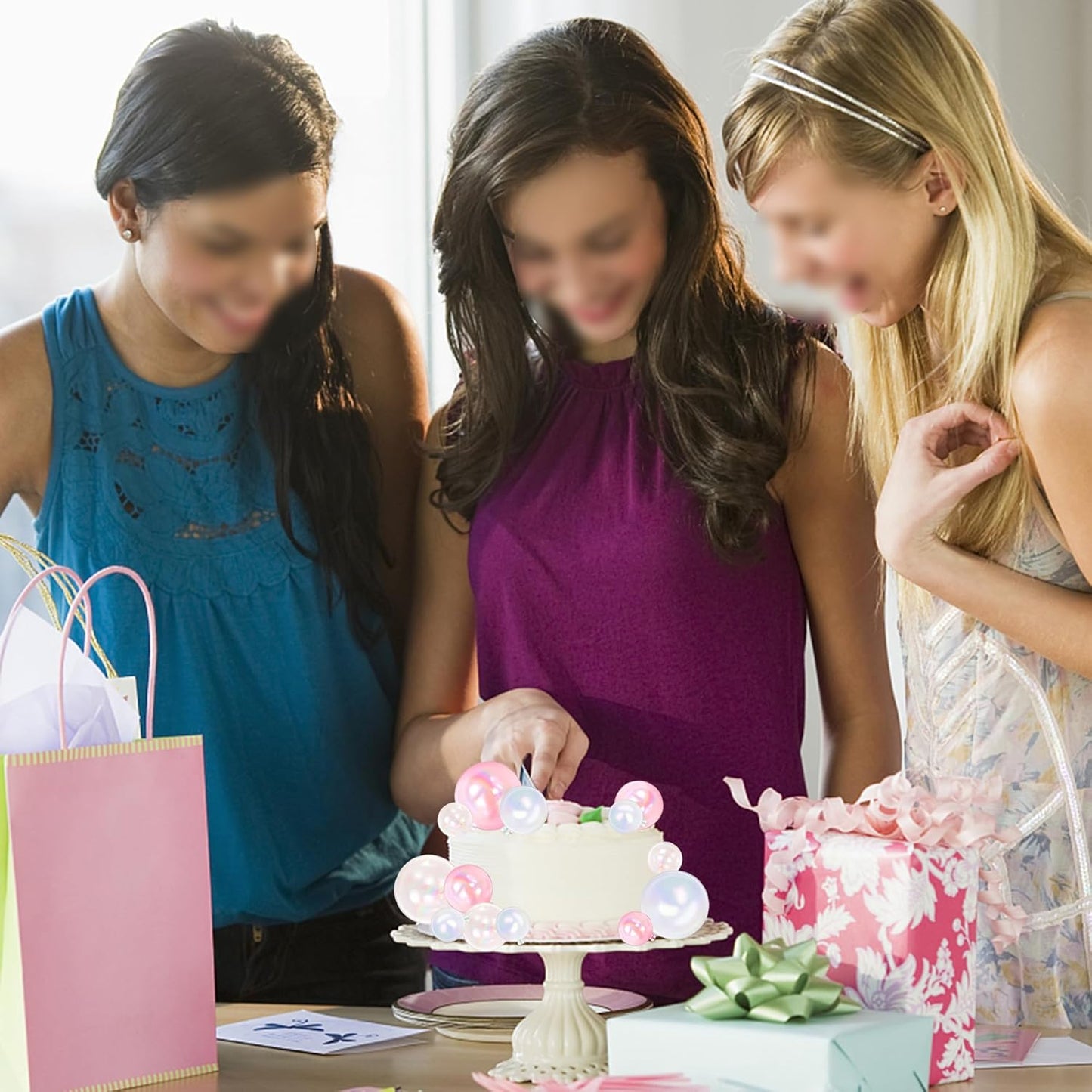 Rsstarxi 24 PCS Ball Cake Toppers - Mini Balloon, DIY Cake Inserts & Picks for Baby Shower, Wedding, Kids Parties - Clear, White, Pink Foam Balls