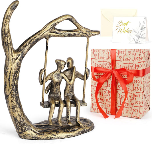 Anniversary Wedding Gifts for Couple/Her - Romantic Couple Statue in Love, Antique Gold Metal Figurine Sweet Loving Together Iron Sculpture Decor, Birthday Gifts for Wife Husband